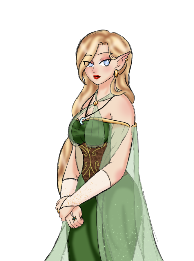 A blonde elf in an elegant green dress, posing for a portrait