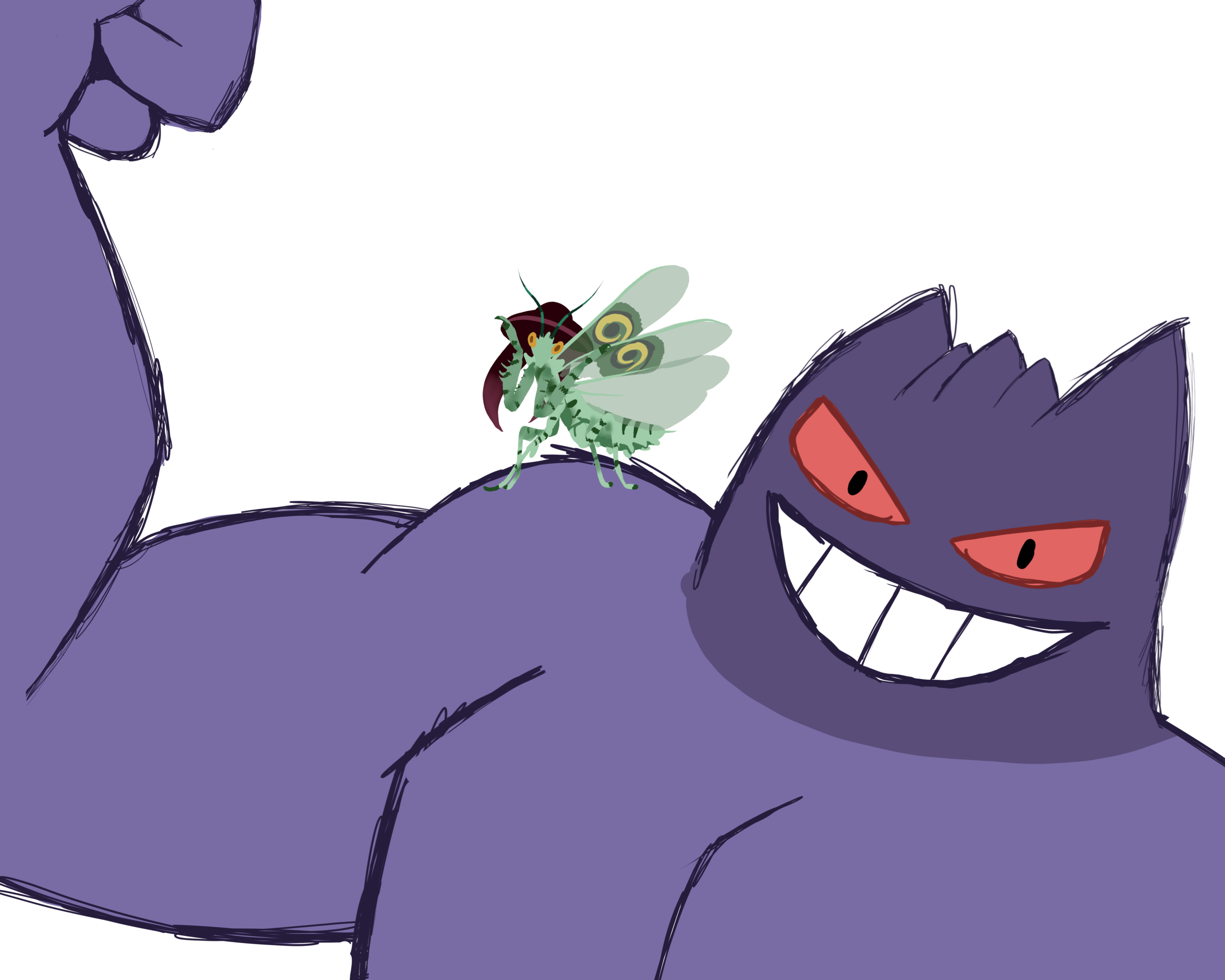 A buff Gengar with a Spiny Flower Mantis in a large witch hat on his shoulder