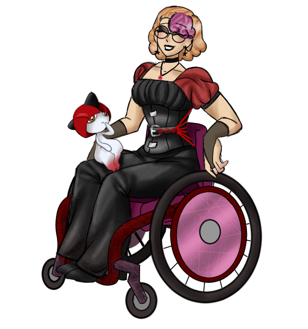 A girl in a wheelchair with a red pokemon on her lap
