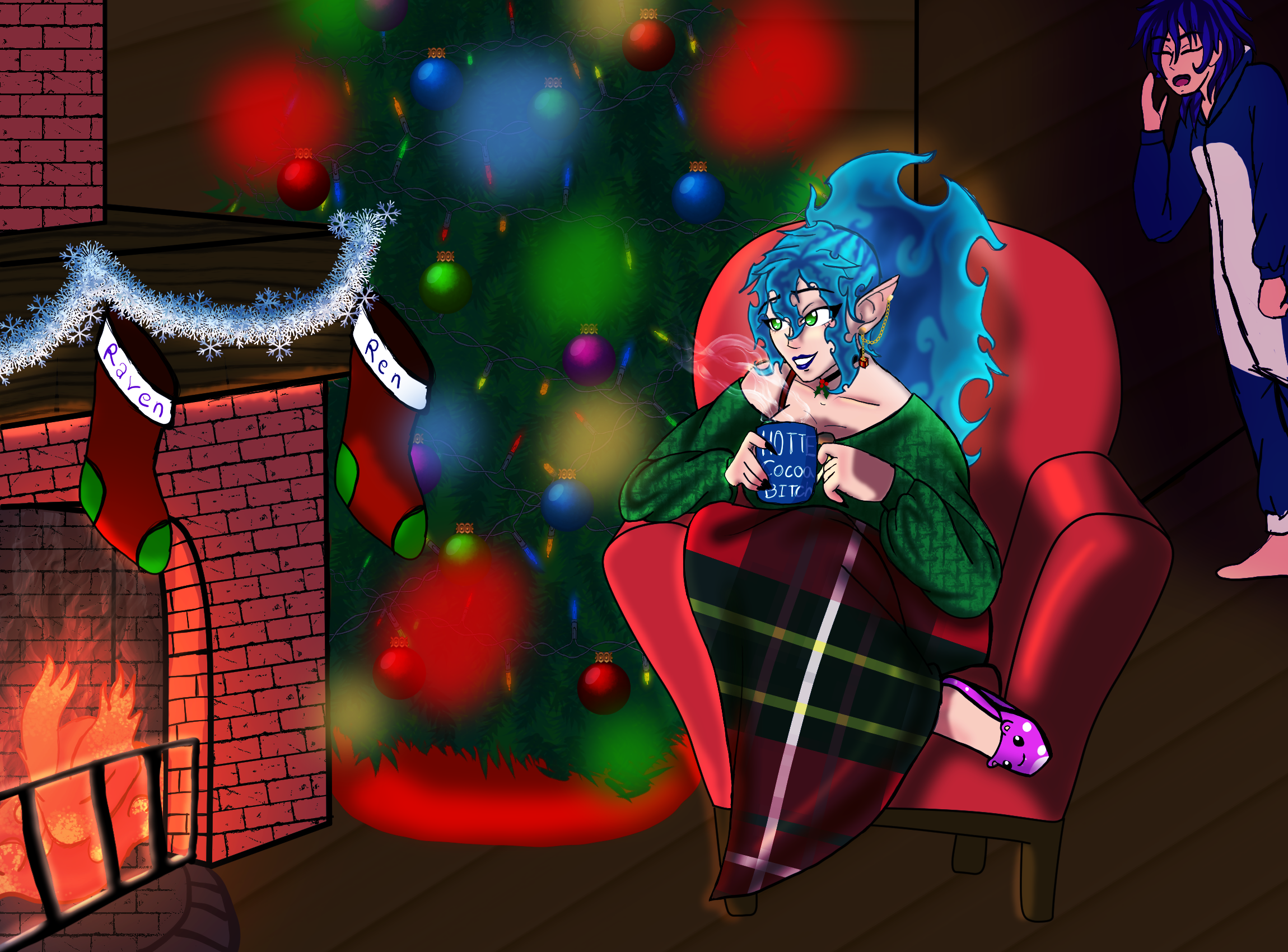 A Christmas scene of my Twitch avatar by a fireplace.